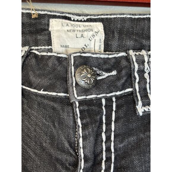 LA IDOL EMBELLISHED BLACK SKINNY JEANS SZ 5 Thick White Stitch Low Rise‎ - Picture 4 of 11